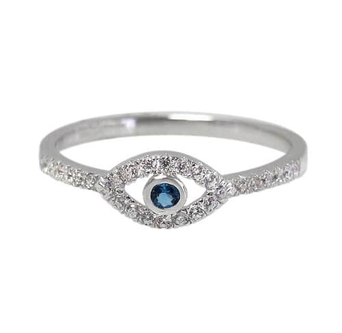 Sterling Silver With Rhodium, 5X9mm Evil Eye Ring With Cubic Zirconia