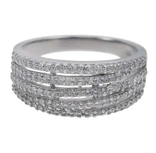Sterling Silver With Rhodium, Multi Line Ring With Cubic Zirconia, 9mm Width