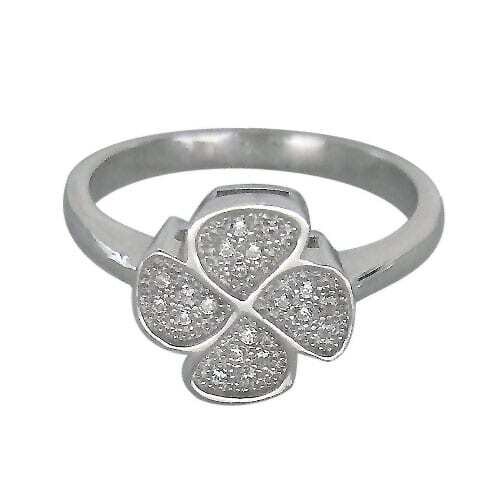 Sterling Silver With Rhodium, 11mm Four Leaf Clover Ring With Cubic Zirconia. 11mm Width