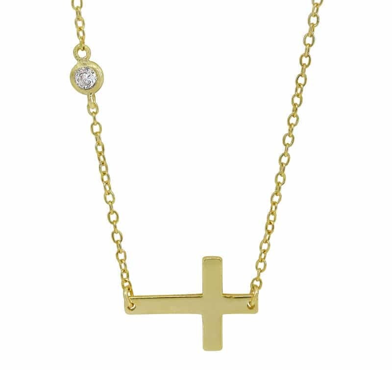 Sterling Silver With Gold, 15X11mm Cross Necklace With 3mm Cubic Zirconia