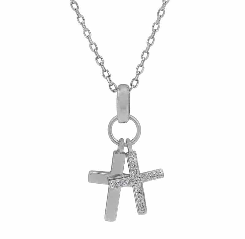 Sterling Silver With Rhodium, Double Cross Necklace With Cubic Zirconia