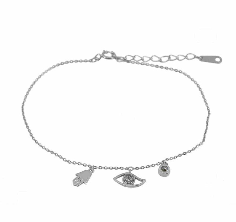 Sterling Silver With Rhodium, Multi Charms Bracelet With Cubic Zirconia