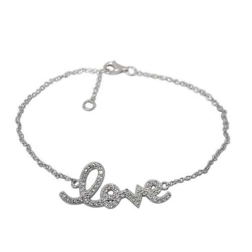 Sterling Silver With Rhodium, 12X27mm Love Charm Bracelet With Cubic Zirconia