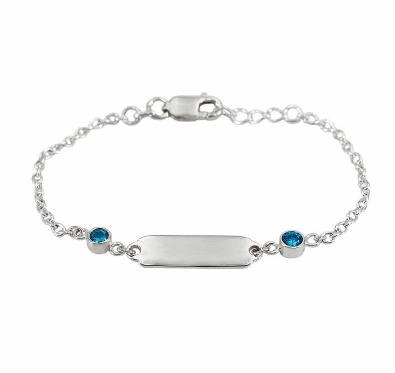 Sterling Silver With Rhodium, Baby Id Bracelet With 4mm Cubic Zirconia, 2mm Cable Chain, 15X5mm Id Plate
