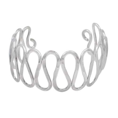 Sterling Silver, Wavy Design Bangle With Hammered Finish. Approx Size: 28mm Width