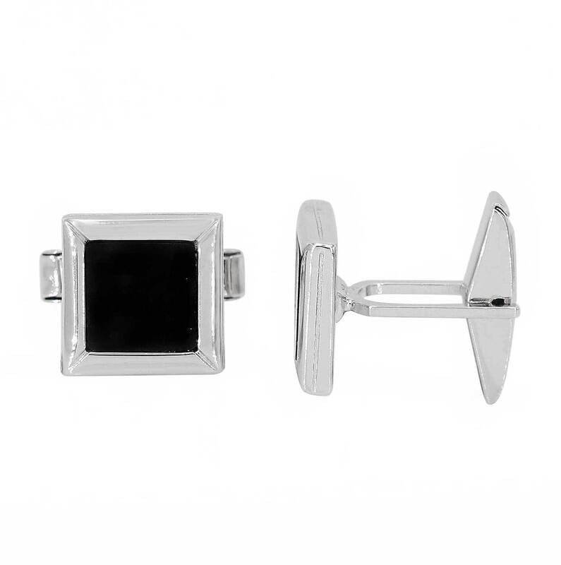 Silver With Rhodium, Cufflink With Onyx, 13X13mm