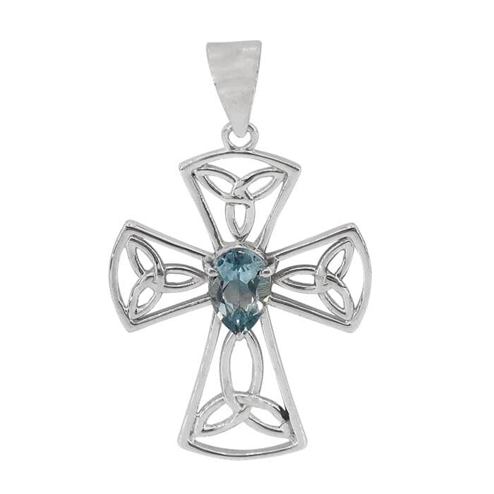 Sterling Silver, 25X33mm Celtic Knot Cross Pendant With 5X7mm Blue Topaz