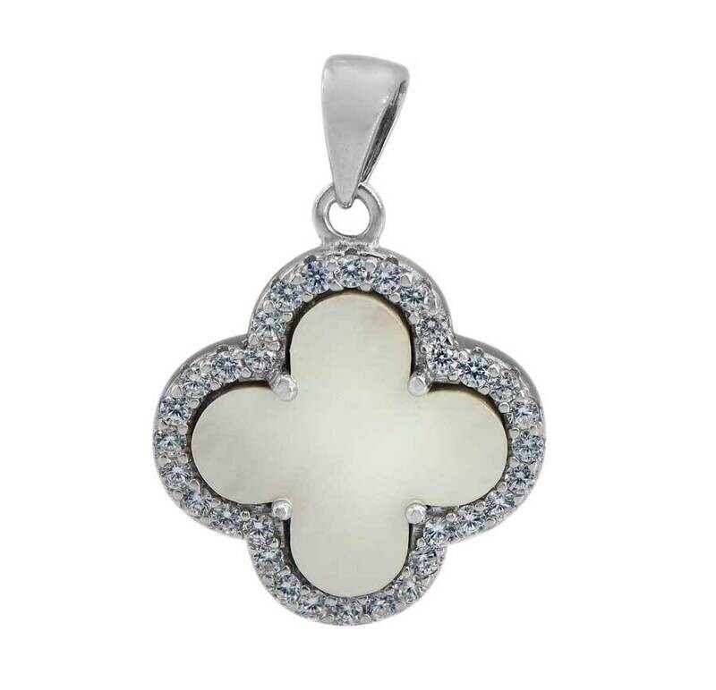Sterling Silver With Rhodium, 15mm 4 Leaf Clover Pendant With Mother Of Pearl And Cubic Zirconia