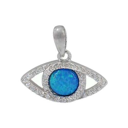 Sterling Silver With Rhodium, 8.5X17mm Evil Eye Pendant With Cubic Zirconia And Emulated Opal