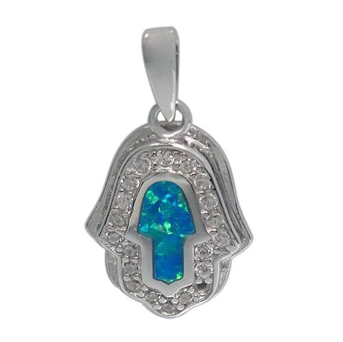 Sterling Silver With Rhodium, 19.5×15.5mm Hamsa Pendant With Cubic Zirconia And Emulated Opal Stone