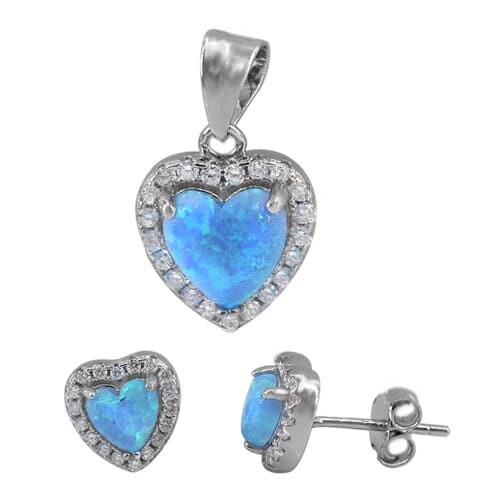 Sterling Silver With Rhodium, 8X8mm Earrings And 10X10mm Pendant Set With Emulated Opal And Cubic Zirconia