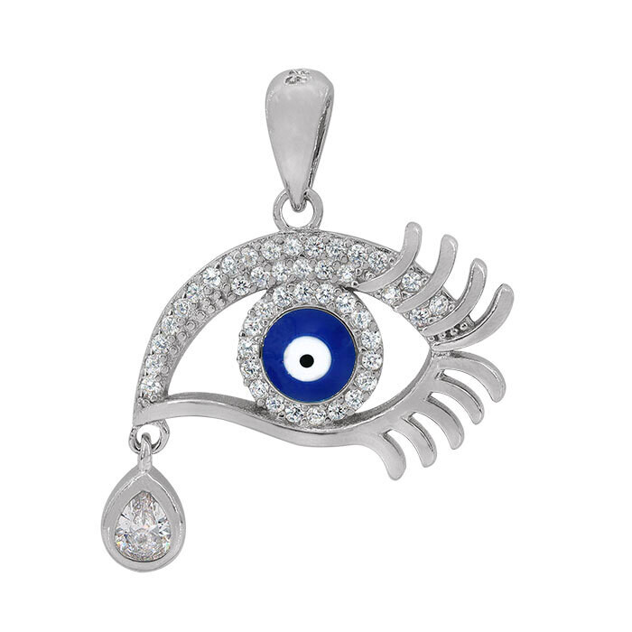 Sterling Silver With Rhodium, 17X22mm Evil Eye Pendant With Cubic Zirconia