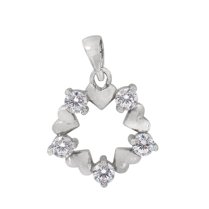 Sterling Silver With Rhodium, 15mm Multi Heart Pendant With Cubic Zirconia