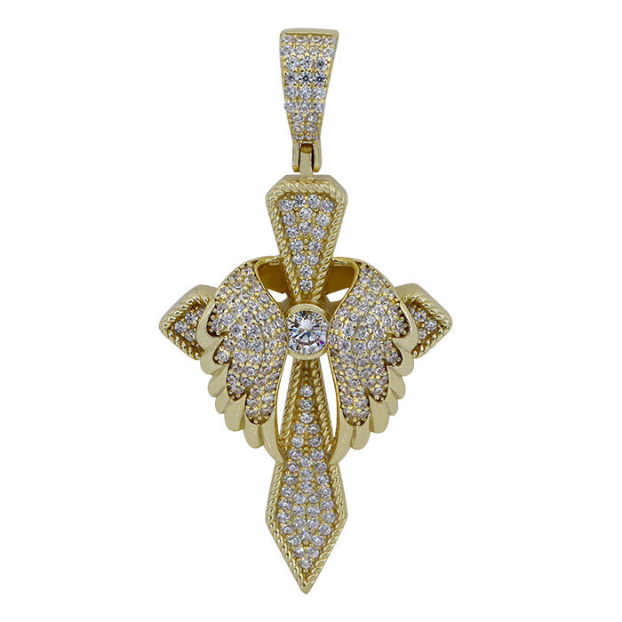 Sterling Silver With Gold, 28X41mm Cross Pendant Double Wings And Cubic Zirconia