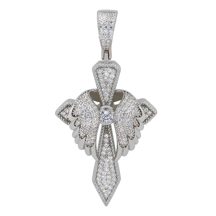 Sterling Silver With Rhodium, 28X41mm Cross Pendant Double Wings And Cubic Zirconia