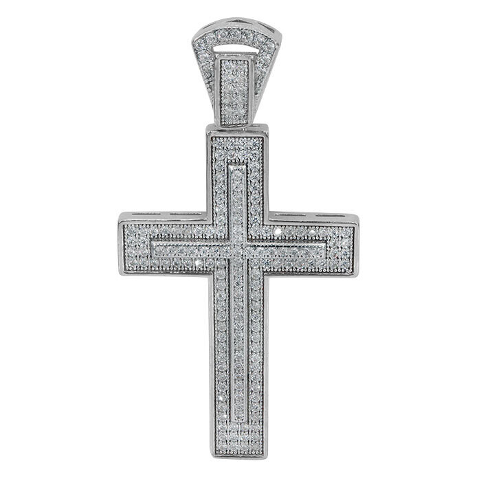 Sterling Silver With Rhodium, 24.5X36mm Cross Pendant With Cubic Zirconia