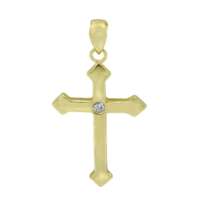 Sterling Silver With Gold, 24X16mm Cross Pendant With Cubic Zirconia