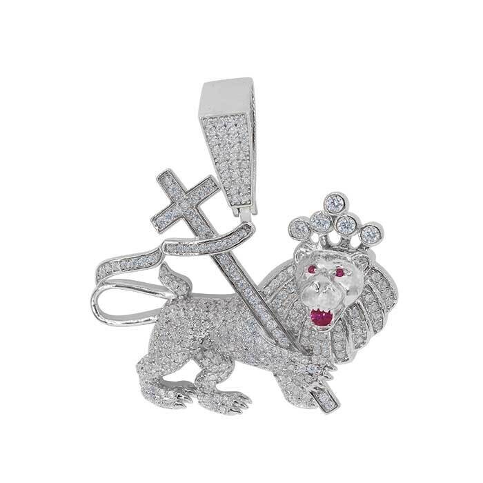 Sterling Silver With Rhodium, 37X45mm Lion And Cross Pendant With Cubic Zirconia