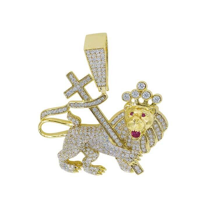 Sterling Silver With Gold, 37X45mm Lion And Cross Pendant With Cubic Zirconia