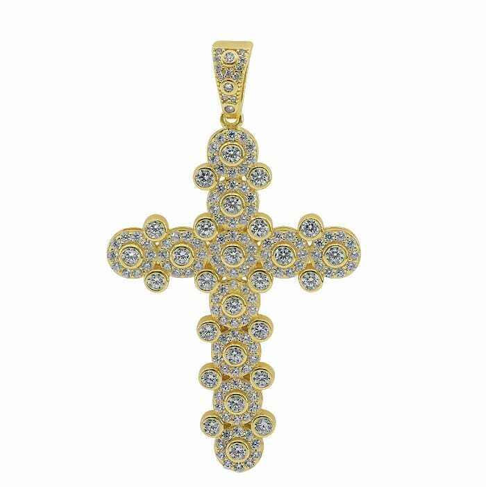 Sterling Silver With Gold, 35X49mm Cross Pendant With Cubic Zirconia