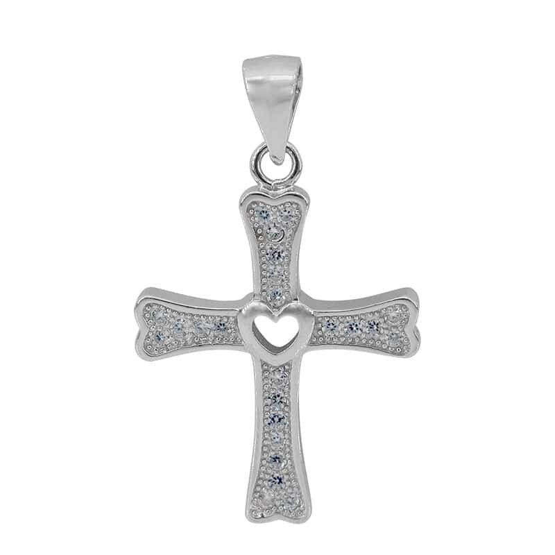 Sterling Silver With Rhodium, 23X19mm Cross Pendant With Cubic Zirconia