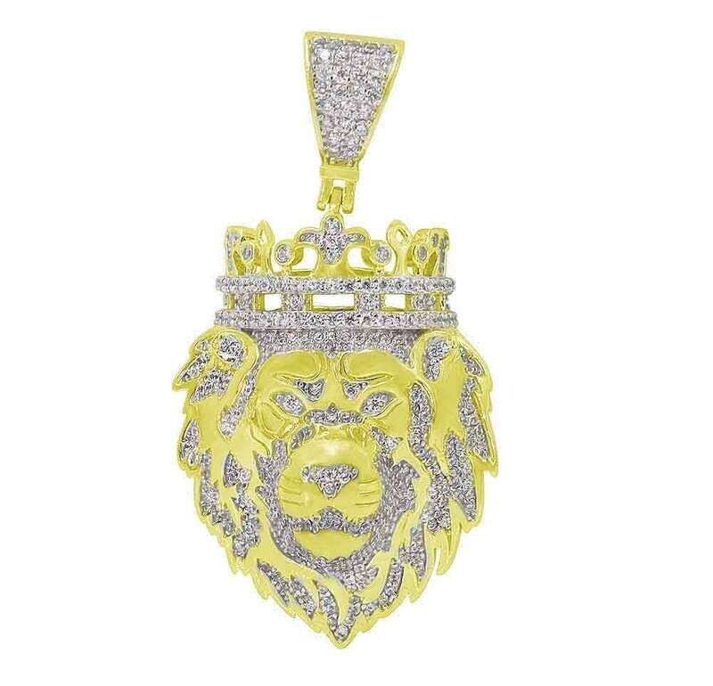Sterling Silver With Gold, 37X27mm Lion Head Pendant With Cubic Zirconia