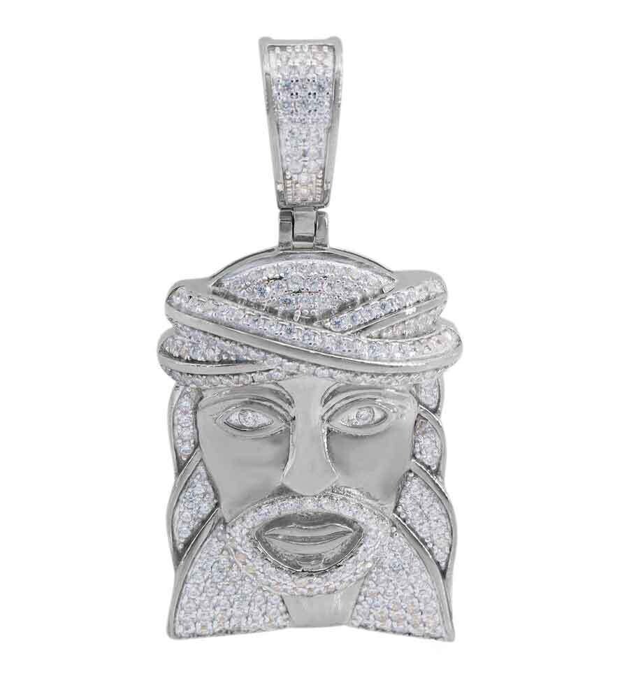 Sterling Silver With Rhodium, 28X20mm Jesus Head Pendant With Cubic Zirconia