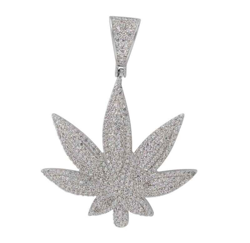 Sterling Silver With Rhodium, 35X35mm Marijuana Leaf Pendant With Cubic Zirconia