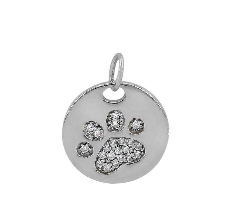 Sterling Silver With Rhodium, 15mm Wolf Paw Pendant With Cubic Zirconia.