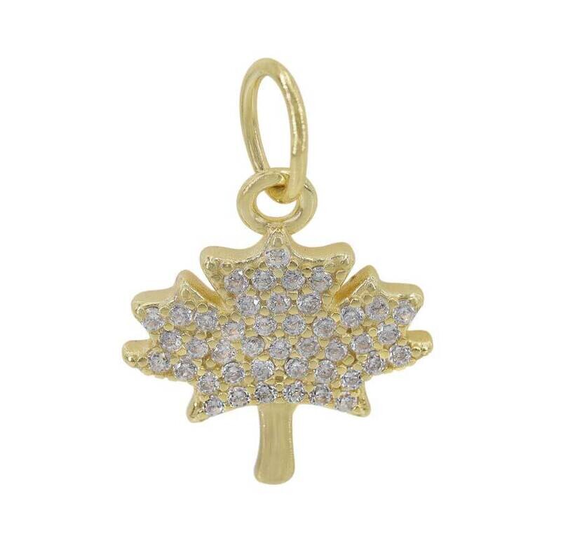 Sterling Silver With Gold, 12X12mm Maple Leaf Pendant With Cubic Zirconia