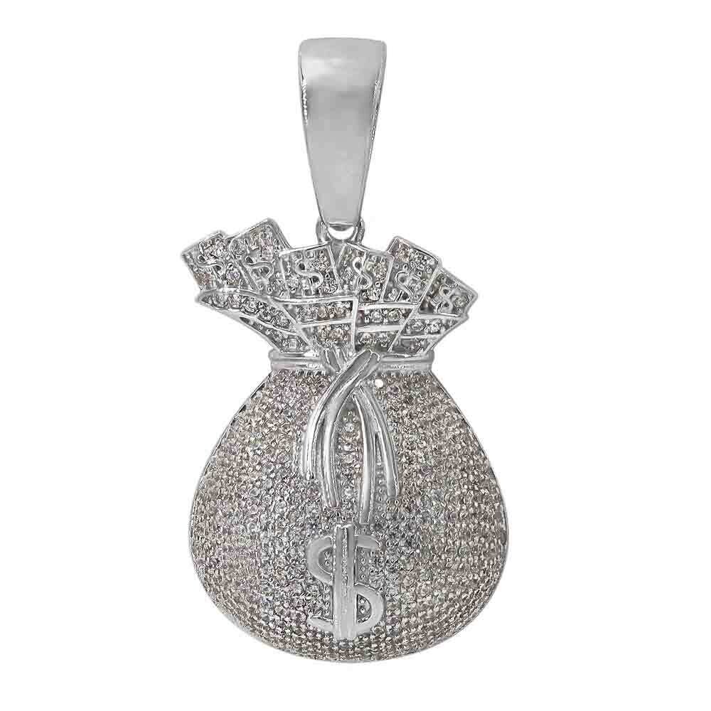 Sterling Silver With Rhodium, 30X21mm Money Bag Pendant With Cubic Zirconia