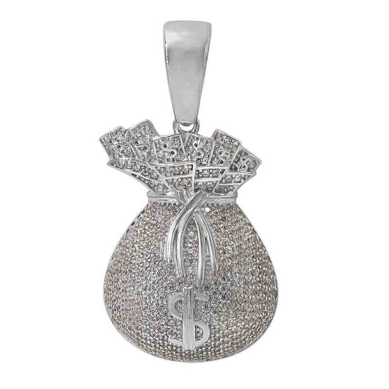 Sterling Silver With Rhodium, 30X21mm Money Bag Pendant With Cubic Zirconia