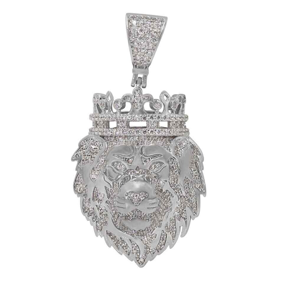Sterling Silver With Rhodium, 37X27mm Lion Head Pendant With Cubic Zirconia