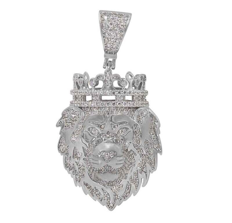 Sterling Silver With Rhodium, 37X27mm Lion Head Pendant With Cubic Zirconia