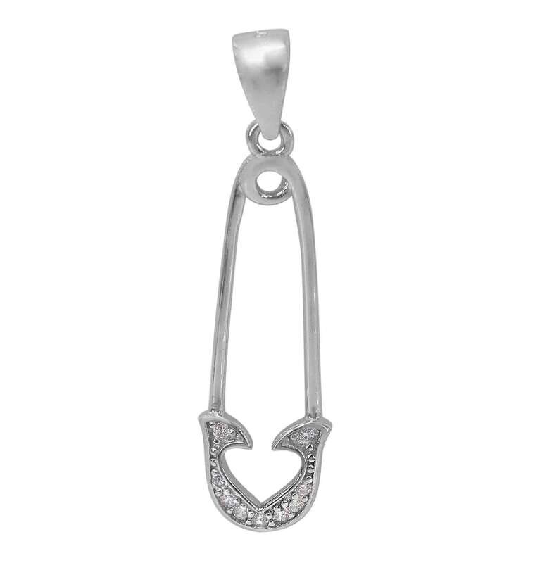 Sterling Silver With Rhodium, 24X8mm Safety Pin Pendant With Cubic Zirconia