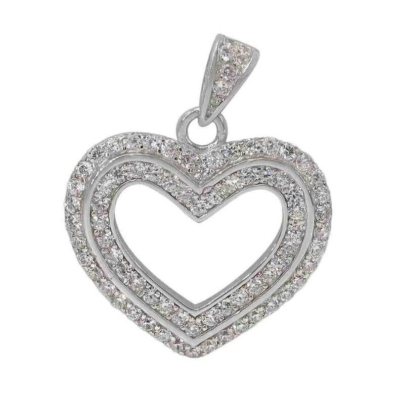 Sterling Silver With Rhodium, 18X16mm Heart Pendant With Cubic Zirconia