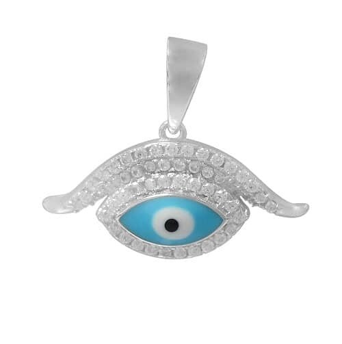 Rhodium Plated On Sterling Silver, Evil Eye Pendant With Faceted Stones. Approx Pendant Size: 10mm L X 23mm W