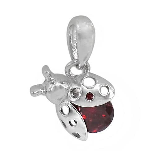 Sterling Silver With Rhodium, 8X10mm Ladybug Pendant With Red Cubic Zirconia