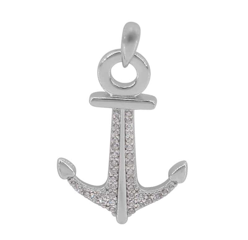 Sterling Silver With Rhodium, 29X19mm Anchor Pendant With Cubic Zirconia