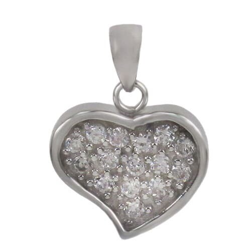 Rhodium Plated On Sterling Silver, Fancy Style, Heart Shape Pendant With Faceted Stone. Approx Pendant Size: 13mm L X 15mm W