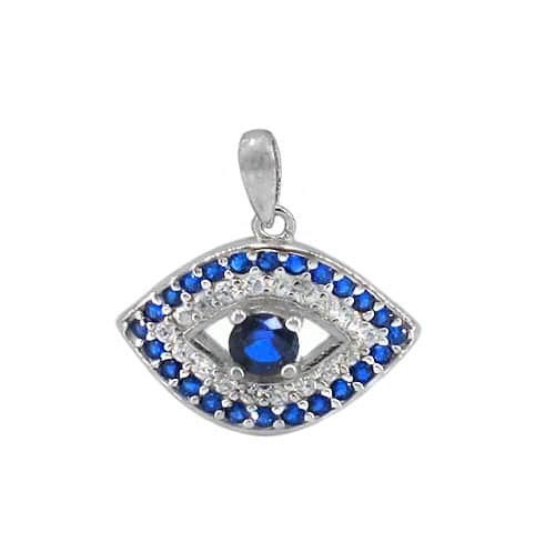 Sterling Silver With Rhodium, 11X15mm Evil Eye Pendant With Cubic Zirconia