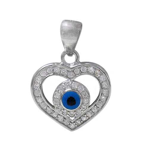 Rhodium Plated On Sterling Silver, Evil Eye Pendant With Faceted Stone. Approximate Frame Size: 13mm L X 14mm W