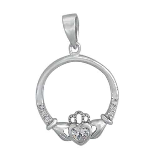 Rhodium Plated On Sterling Silver, Smooth Claddagh Pendant. Approx Pendant Size: 23mm L X 19mm W X 3mm T
