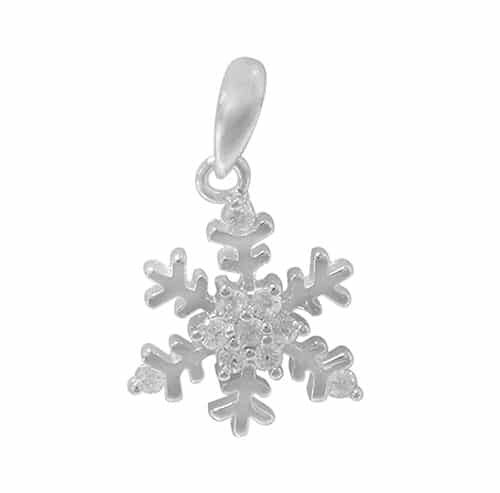 Rhodium Plated On Sterling Silver, Snowflake Pendant With Faceted Stone. Approx Pendant Size: 14.5mm Diameter X 3mm Thickness