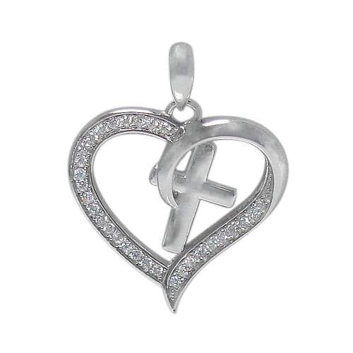 Rhodium Plated On Sterling Silver, Heart And Cross Pendant With Faceted Cubic Zirconia. Approximate Pendant Size: 20mm L X 20mm W