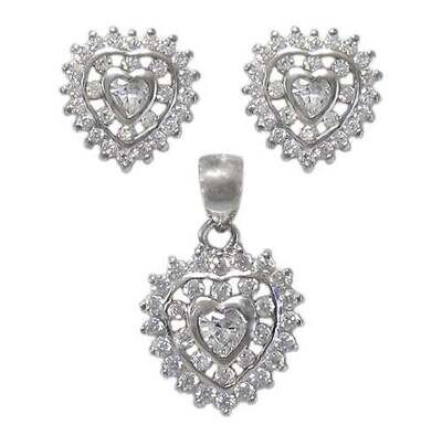 Sterling Silver With Rhodium Heart Set, 11X10mm Earrings And 13X13mm Pendant