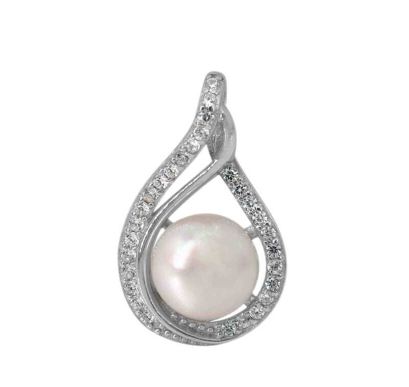 Sterling Silver With Rhodium, 7mm Fresh Water Pearl Pendant With Cubic Zirconia