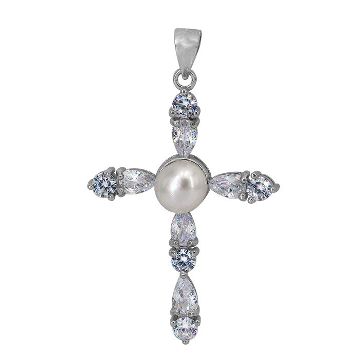 Sterling Silver With Rhodium, 23X32mm Cross Pendant With Cubic Zirconia, 6mm Pearl