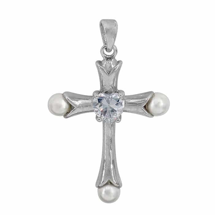 Sterling Silver With Rhodium, 23X29mm Cross Pendant With Cubic Zirconia And Synthetic Pearl