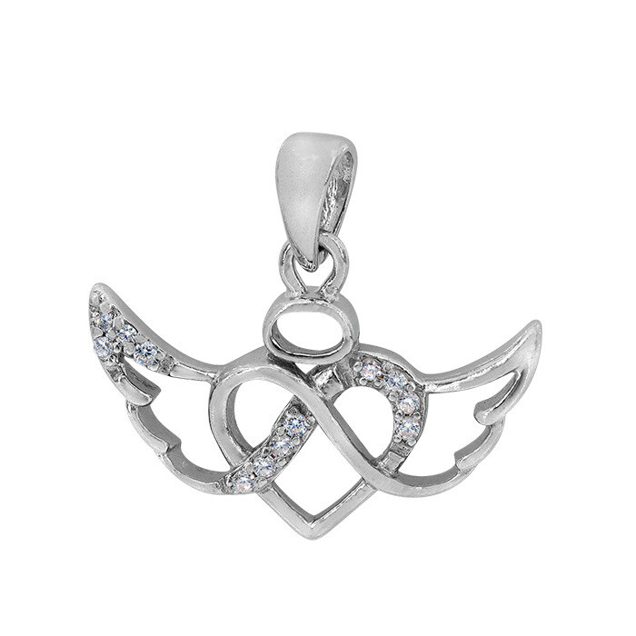 Sterling Silver With Rhodium, 12X21mm Heart And Wing Pendant With Cubic Zirconia